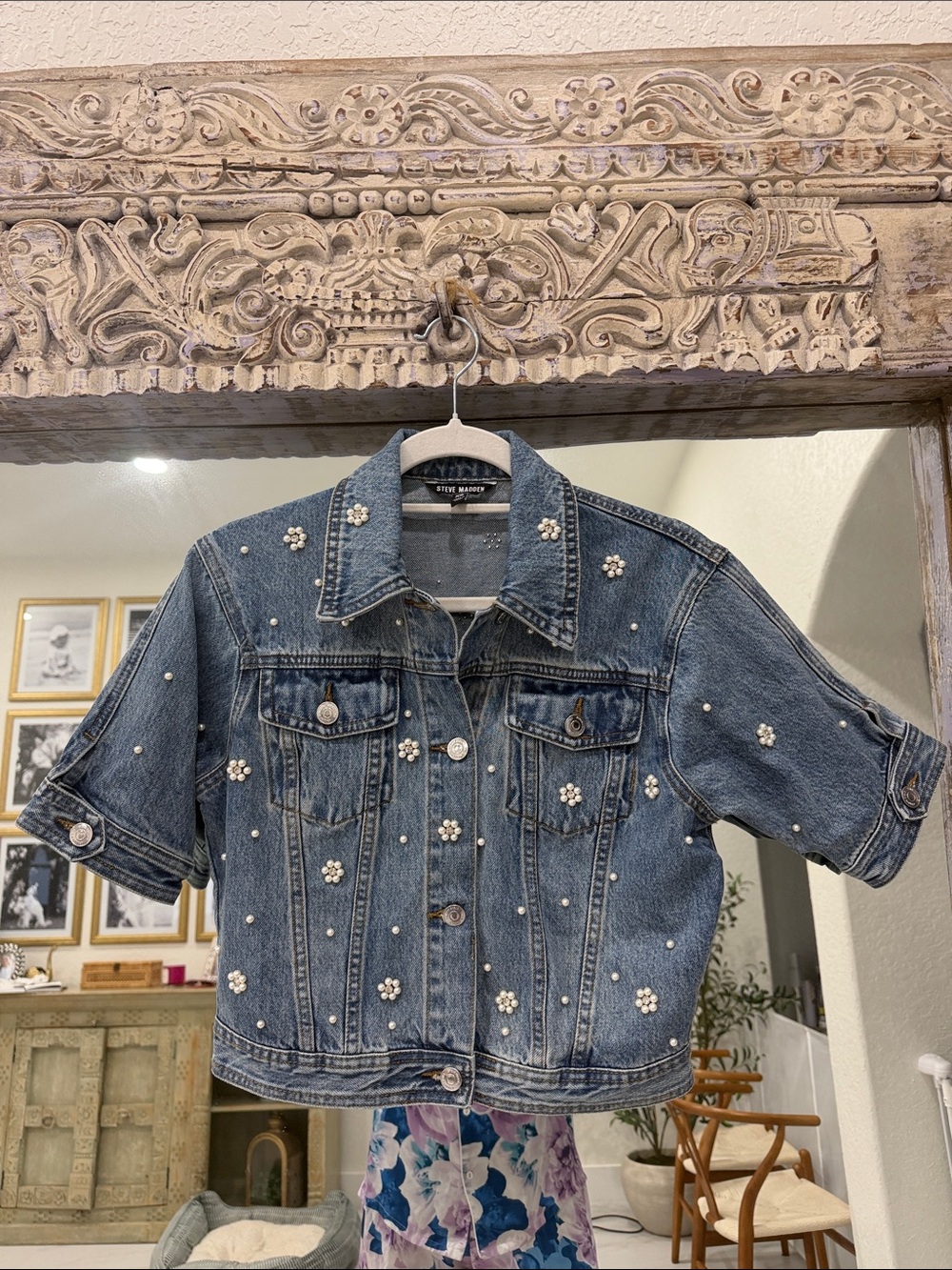 Steve Madden Beaded Blue Short-Sleeve Denim Jacket with Pearls